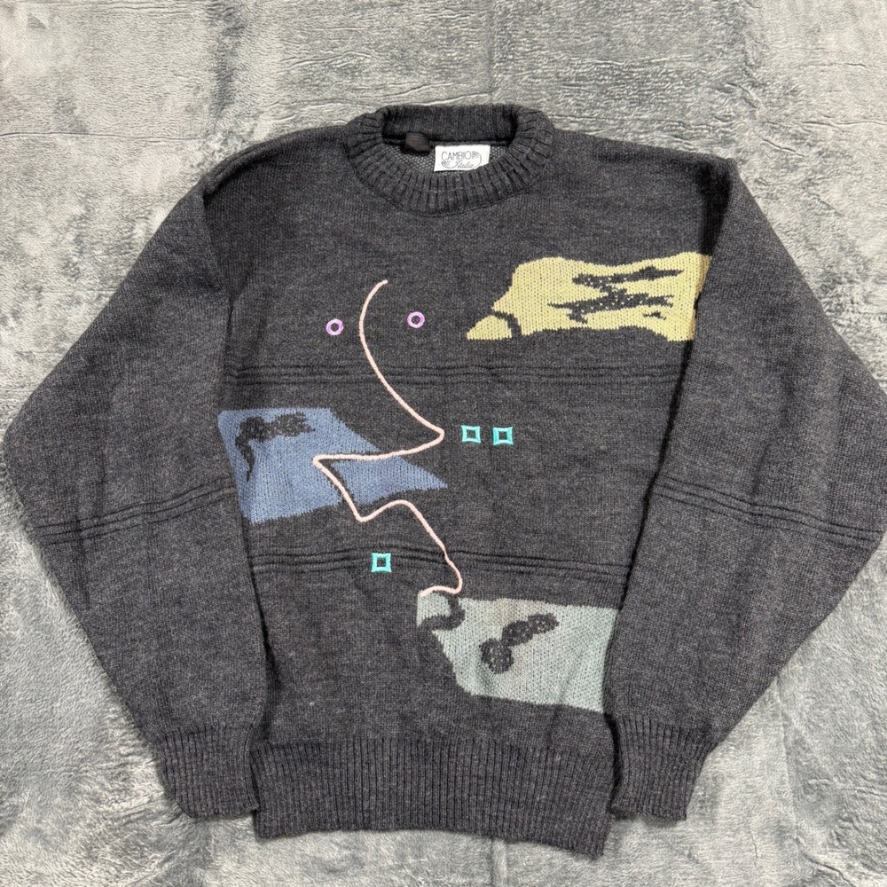 Cambio Italia Abstract Intarsia Wool Blend‎ Sweater Mens M Charcoal Grey